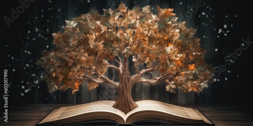A magical, glowing tree with leaves made of pages from books, symbolizing the growth of knowledge and the power of literature, concept of Enlightenment, created with Generative AI technology