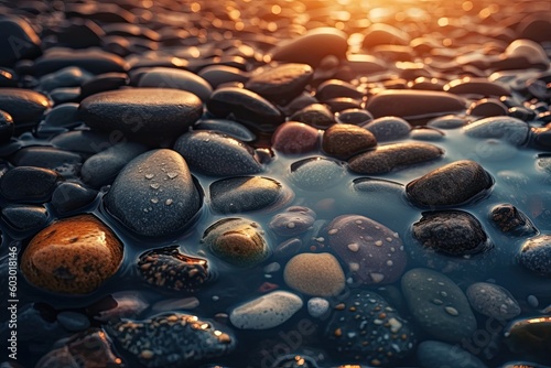 Radiant Sunset Reflections on Liquid Stones: A Serene Nature-Inspired Pattern: Generative AI