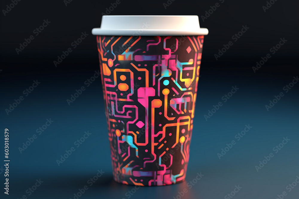 Obraz premium A futuristic coffee cup design with holographic elements, showcasing shifting colors and geometric patterns that create an otherworldly visual experience Generative AI