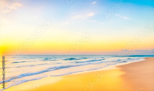 Beach landscape. Inspire tropical beach seascape horizon. Orange and golden sunset sky calmness tranquil relaxing sunlight summer mood. Vacation travel holiday banner, generative ai