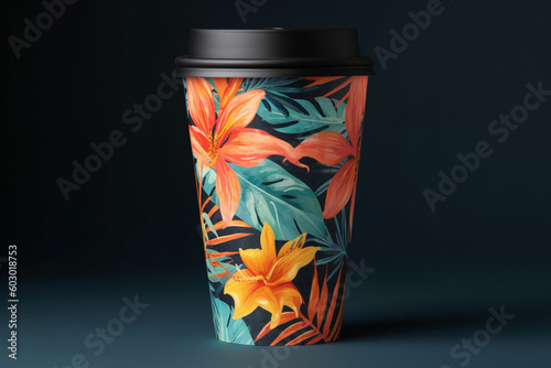 A tropical coffee cup design with vibrant palm leaves and exotic flowers, creating a lively and energetic atmosphere Generative AI
