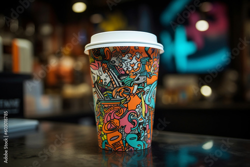 A coffee cup design inspired by street art, featuring graffiti-style typography, vibrant colors, and elements of urban culture Generative AI