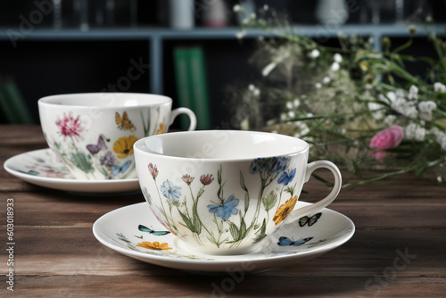 A nature-inspired tea cup design featuring a watercolor painting of blooming wildflowers, evoking a sense of tranquility and connection with the outdoors Generative AI