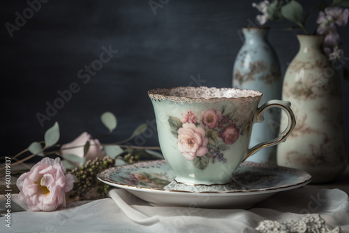 A vintage-inspired tea cup design with faded floral motifs in muted pastel colors, reminiscent of delicate porcelain heirlooms Generative AI photo