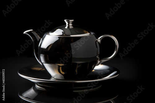 A modern tea cup design with a sleek black background, accentuated by a metallic silver teapot silhouette, representing contemporary elegance and style Generative AI