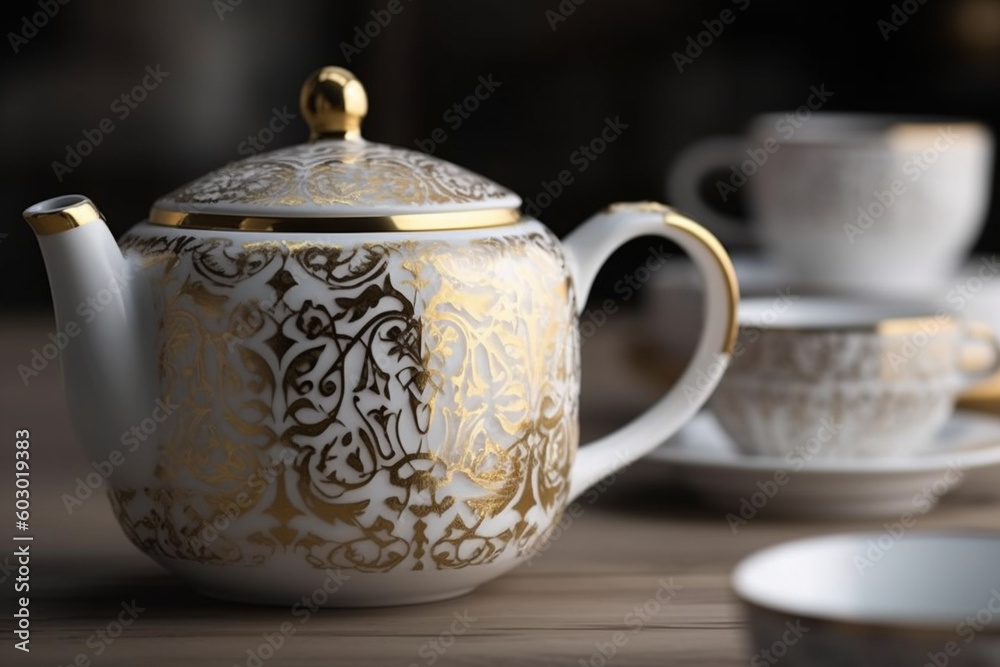 An elegant tea pot design with a delicate gold foil pattern, inspired by traditional ceramic motifs, exuding a sense of sophistication Generative AI An elegant tea pot design with a delicate gold foil pattern, inspired by traditional ceramic motifs, exuding a sense of sophistication Generative AI