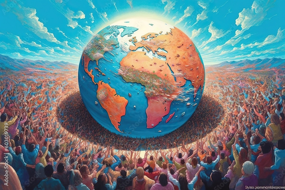 Earth globe half-submerged in a massive crowd of people stretching in