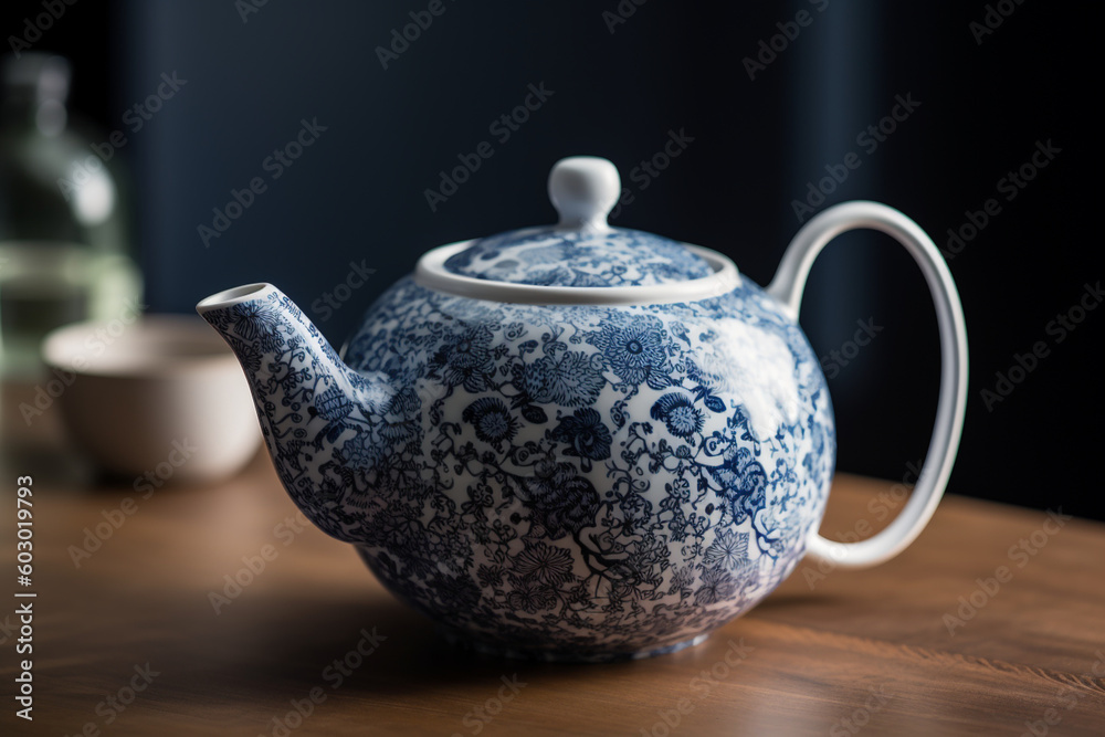 A tea pot design inspired by traditional Japanese ceramics, featuring intricate patterns in serene blue and white, embodying the elegance and tranquility of tea ceremonies Generative AI A tea pot design inspired by traditional Japanese ceramics, featuring intricate patterns in serene blue and white, embodying the elegance and tranquility of tea ceremonies Generative AI