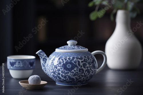 A tea pot design inspired by traditional Japanese ceramics  featuring intricate patterns in serene blue and white  embodying the elegance and tranquility of tea ceremonies Generative AI