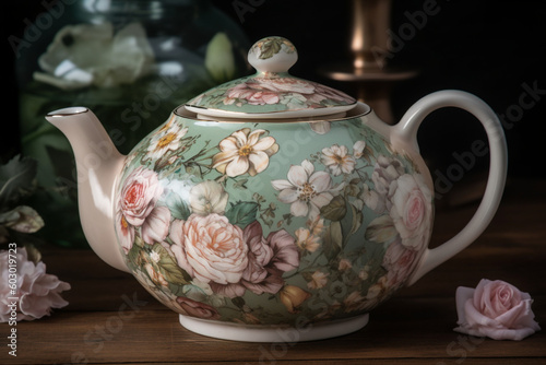 A vintage floral tea pot design with delicate roses and blossoms in muted tones, evoking a sense of nostalgia and romanticism Generative AI