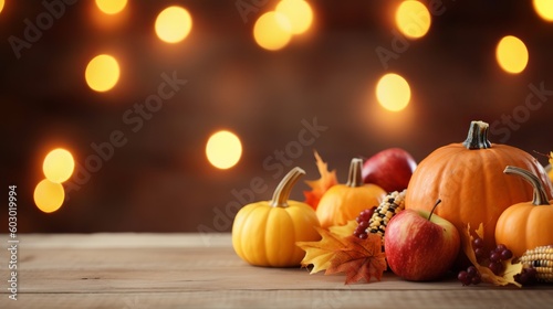 Pumpkins Apples and Corn on Rustic Harvest Table Background, Generative Ai