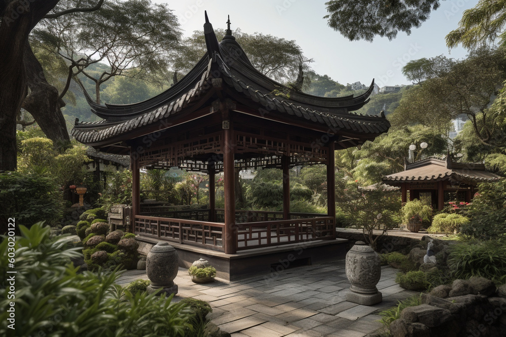 A tranquil tea garden with lush greenery and a traditional Chinese pavilion, serving as a picturesque backdrop for the tea ceremony Generative AI