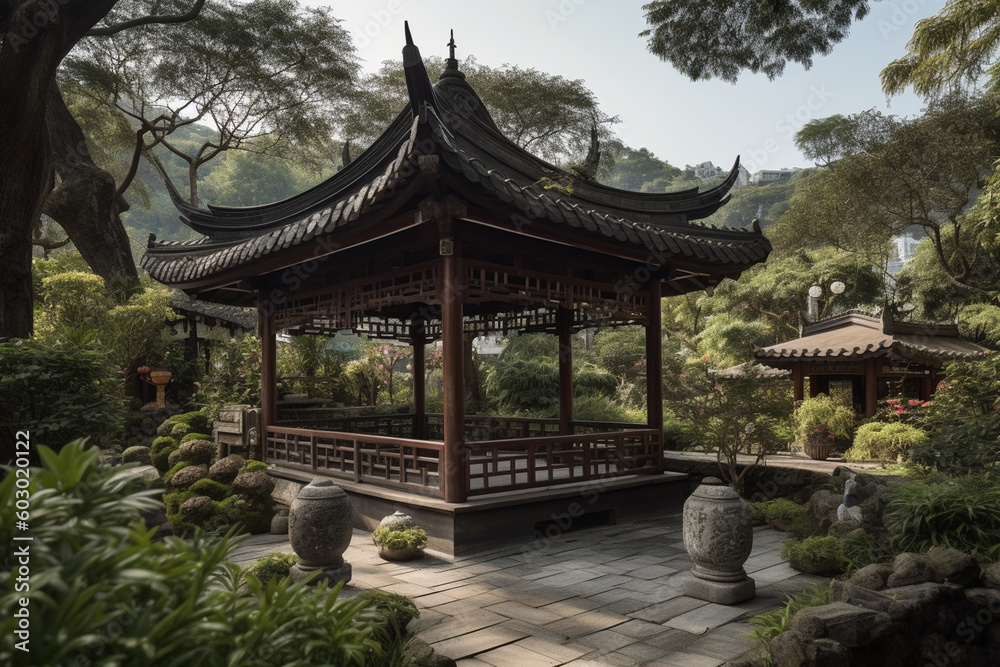 A tranquil tea garden with lush greenery and a traditional Chinese pavilion, serving as a picturesque backdrop for the tea ceremony Generative AI A tranquil tea garden with lush greenery and a traditional Chinese pavilion, serving as a picturesque backdrop for the tea ceremony Generative AI