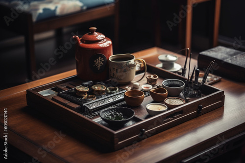 An artfully arranged tea tray with various tea utensils and a pot of steaming tea, inviting viewers to immerse themselves in the tea ceremony experience Generative AI