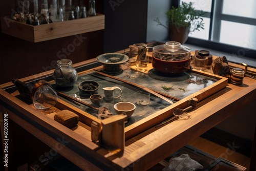 An artfully arranged tea tray with various tea utensils and a pot of steaming tea  inviting viewers to immerse themselves in the tea ceremony experience Generative AI