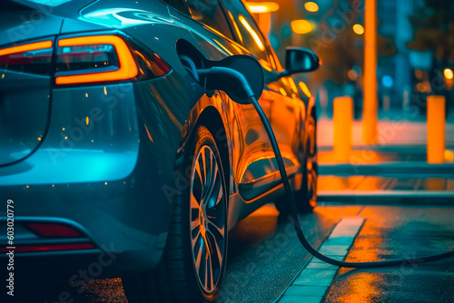 Electric car at charging station on blurred night cityscape background.AI generated. © graja