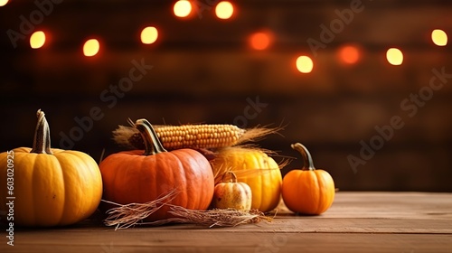 Pumpkins Apples and Corn on Rustic Harvest Table Background  Generative Ai