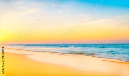 Panoramic beach landscape. Inspire tropical beach seascape horizon. Orange and golden sunset sky calmness tranquil relaxing sunlight summer mood. Vacation travel holiday banner, generative ai © Karol