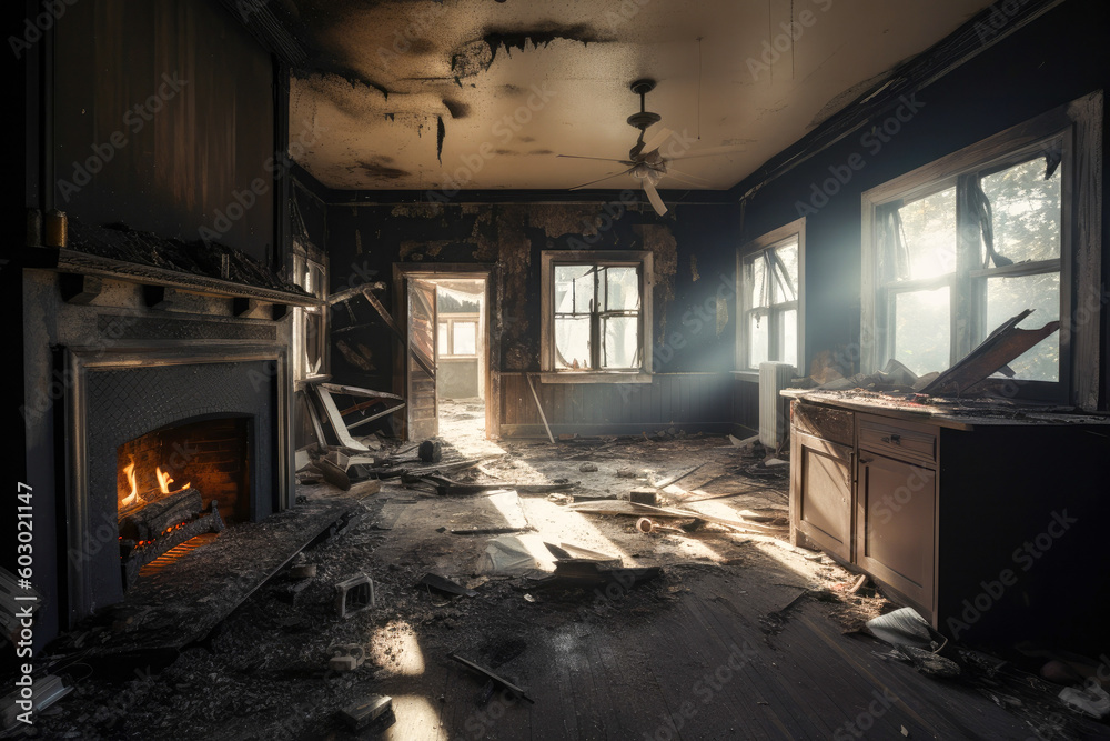 Aftermath of a house fire. Ruined house interior in building after fire. Burned walls and furniture. Generative AI
