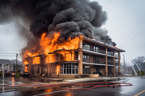 Burning commercial building engulfed in flames. Burning house upper floor and ascending black smoke. Generative AI