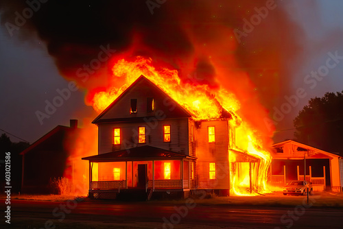 Burning house engulfed in flames. Burning family home with ascending black smoke. Generative AI