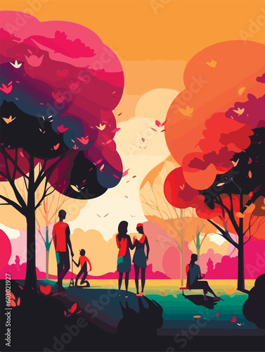 Happy family walking in park. Poster in retro style. Vector illustration