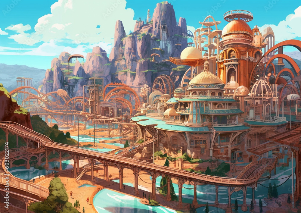 Obraz premium ジェットコースターのあるテーマパーク遊園地アニメ背景,Generative AI