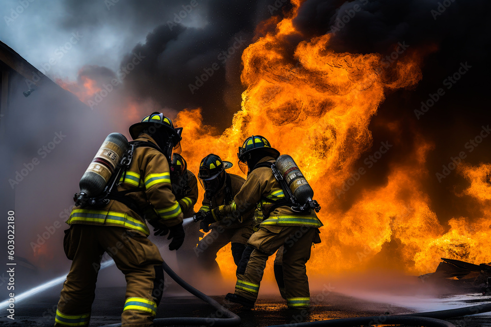 Firefighters putting out a fire. Group of firefighters extinguishing fire burning on a building. Generative AI Firefighters putting out a fire. Group of firefighters extinguishing fire burning on a building. Generative AI