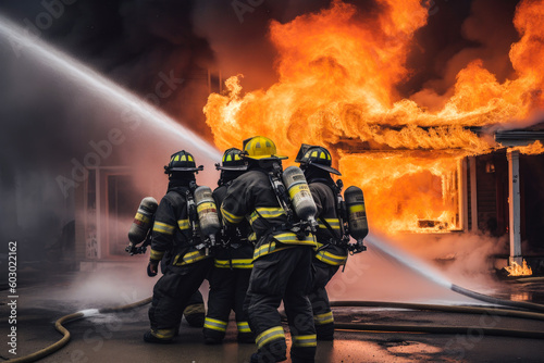 Firefighters putting out a fire. Group of firefighters extinguishing fire burning on a building. Generative AI