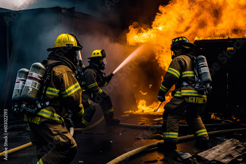 Firefighters putting out a fire. Group of firefighters extinguishing fire burning on a building. Generative AI