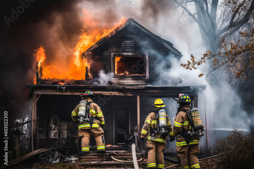 Firefighters putting out a home fire. Group of firefighters extinguishing fire burning on a building. Generative AI