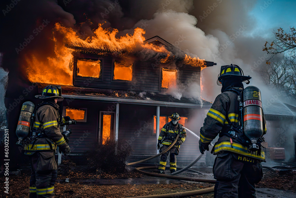 Obraz premium Firefighters putting out a home fire. Group of firefighters extinguishing fire burning on a building. Generative AI