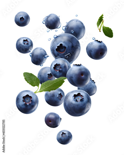 Falling blueberries isolated on transparent background