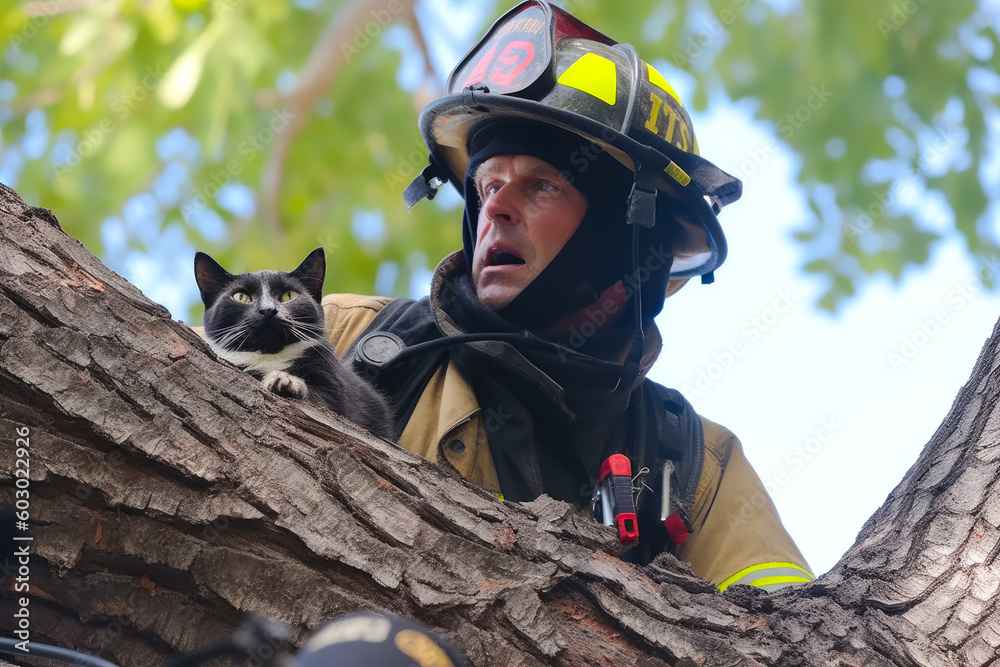 Firefighters saving a cat from a tree. Brave fireman climbing a tree to
