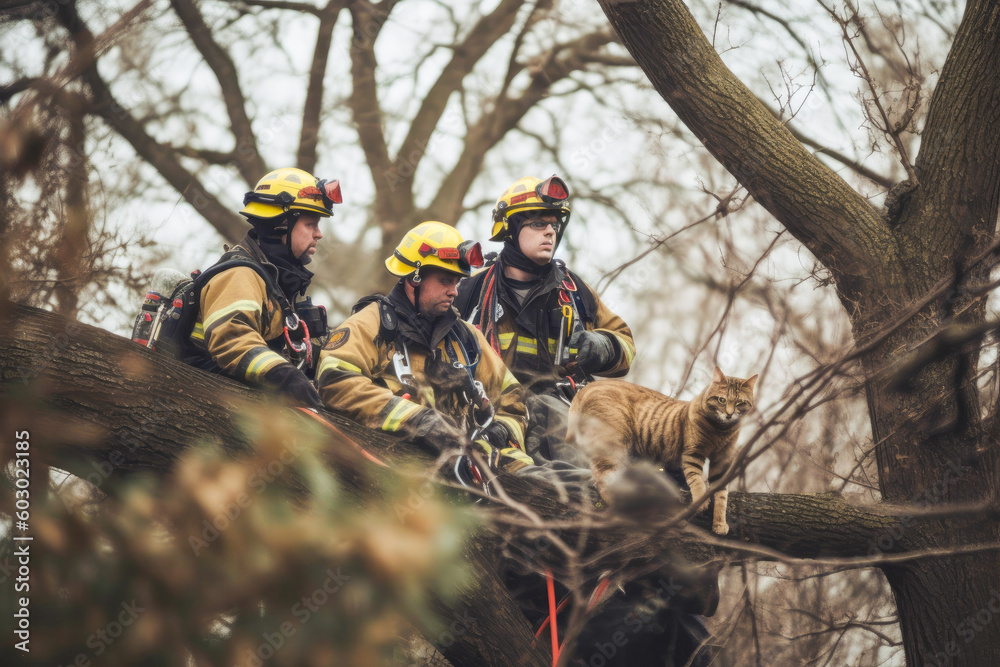 Firefighters saving a cat from a tree. Brave fireman climbing a tree to