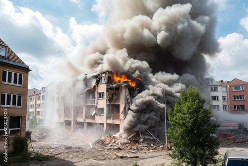 Gas explosion in a commercial building. Fire, smoke and rubble. Generative AI