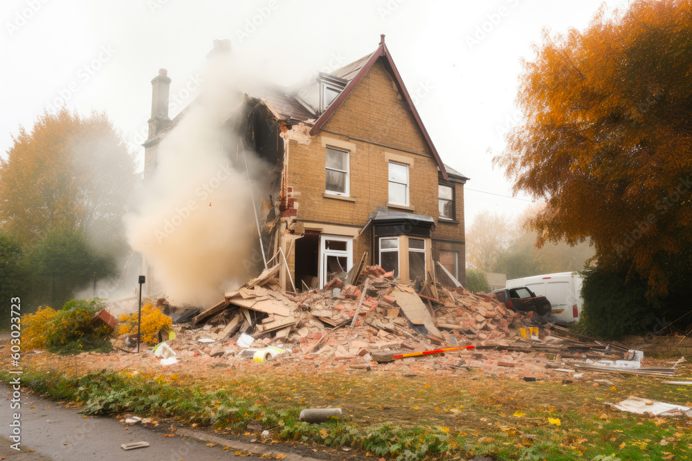 Gas explosion in a home. Damaged family house building with rubble and smoke. Generative AI