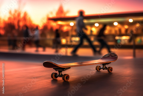A skateboard left at a popular skatepark. generative AI