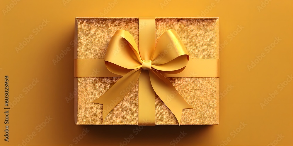 Gift box with golden satin ribbon and bow on yellow background. Holiday gift with copy space. Birthday or Christmas present, flat lay, top view. Christmas giftbox concept. AI generated. Gift box with golden satin ribbon and bow on yellow background. Holiday gift with copy space. Birthday or Christmas present, flat lay, top view. Christmas giftbox concept. AI generated.