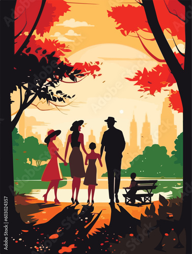 Happy family walking in park. Poster in retro style. Vector illustration