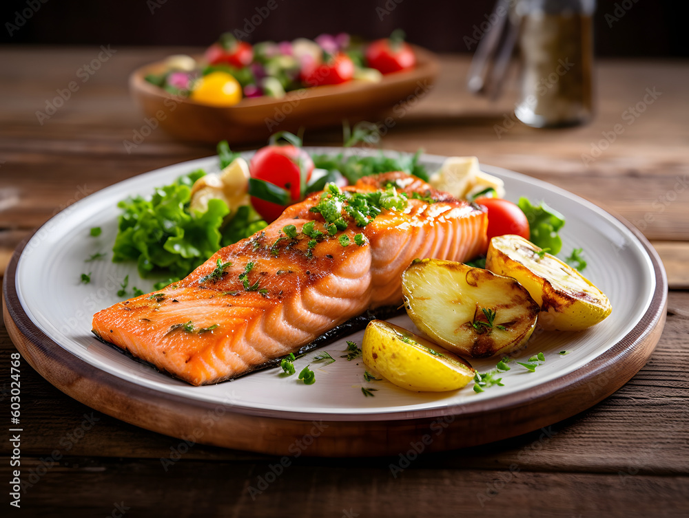 Salmon steak with asparagus and vegetables on a black plate. Salmon steak with asparagus and vegetables on a black plate.