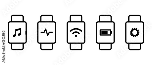 Smart watch vector icon set. Smartwatch app symbols. Wrist accessory illustration