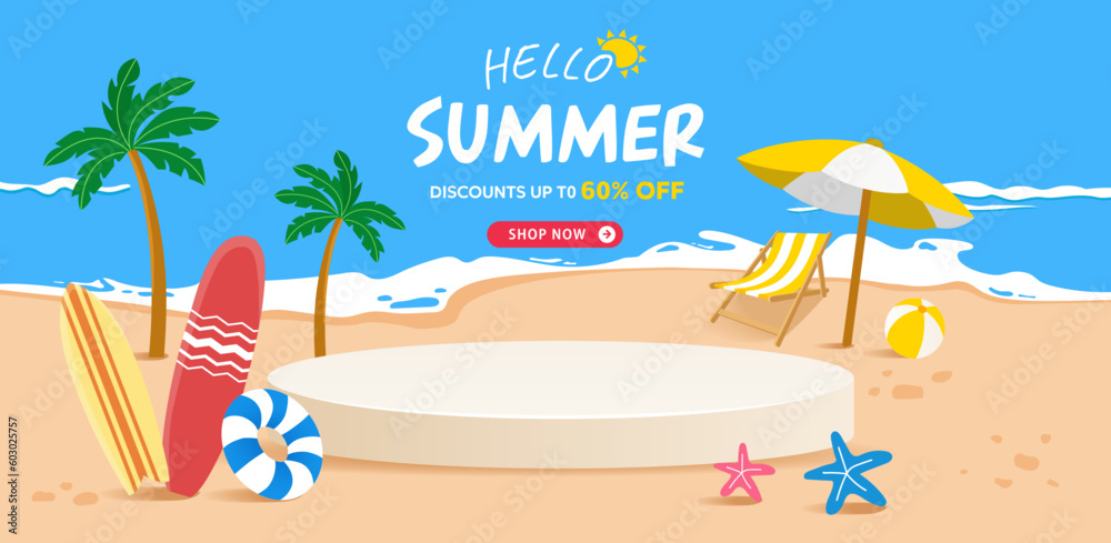 Obraz premium hello summer sale banner illustration, vector, shopping, flash sale, podium.
