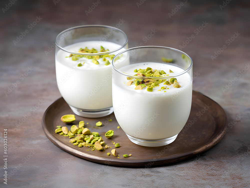 Traditional Indian lime lassi drink with dahi yogurt, lime and chopped pistachios served as close-up in a classical glass