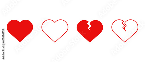 Broken heart vector icons set. Cracked on red heart. Line heartbreak logo.