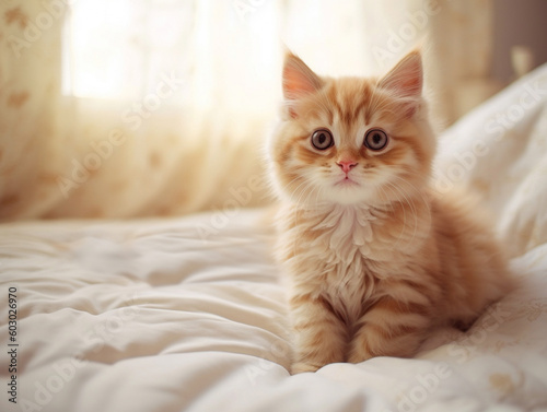 Red kitten on the bed. AI generated