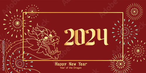 Chinese New Year 2024  the year of the Dragon  red and gold line art characters  simple hand-drawn Asian elements with craft  Chinese translation  Happy Chinese New Year 2024  year of the Dragon .