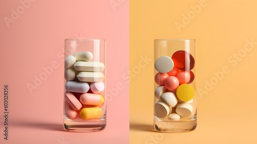 The concept of drug interactions, featuring an array of colorful pills. The complexity of pharmacological interactions, emphasizing the need for medical guidance in medication use. Generative AI