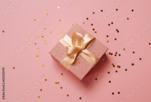 a pink gift box with golden ribbons on a pink background. It is an ideal image to illustrate celebration topics, Generative AI