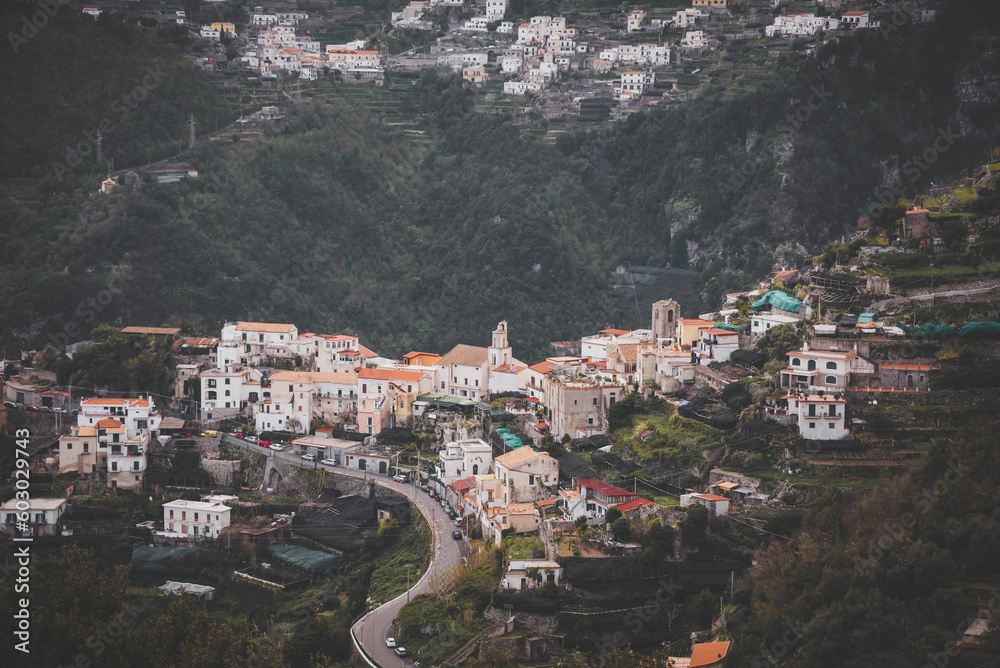 Small town in mountains seen from Ravello on Amalfi coast in Italy